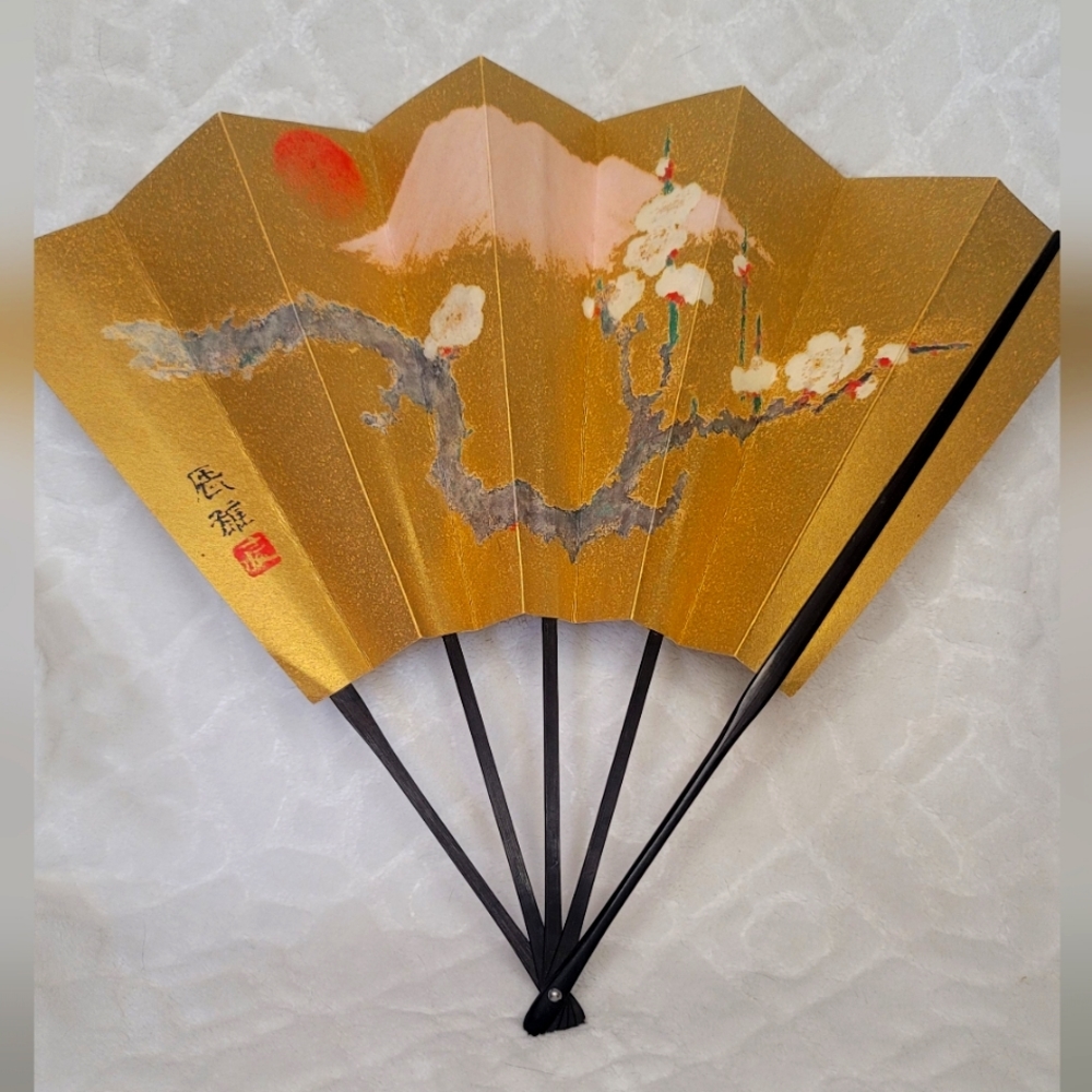 Vintage, Collectible  Asian hand-painted fan with black bamboo. Circa 1900s